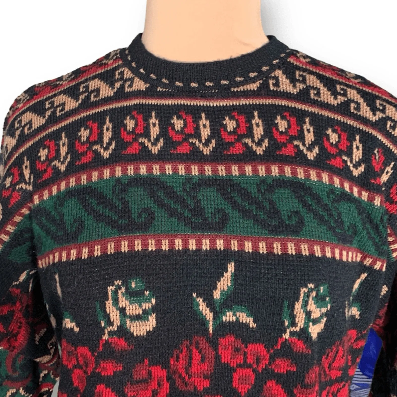 Vintage 90s Sweater Red Rose Dark Floral Knit Pullover Black Green Made in USA Size M - Image 3