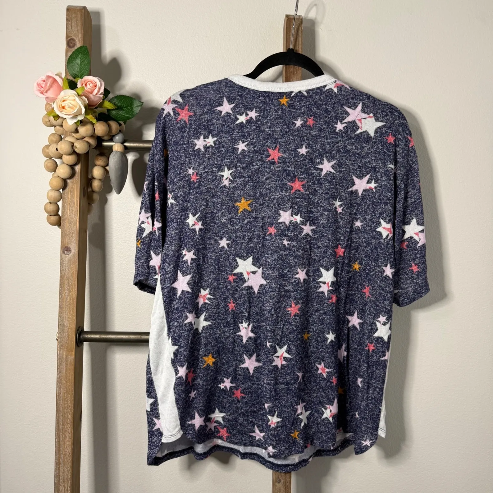 DKNY Womens Pajama Set Navy Blue Star Short Sleeve Top Pants Lounge Size Large - Image 7