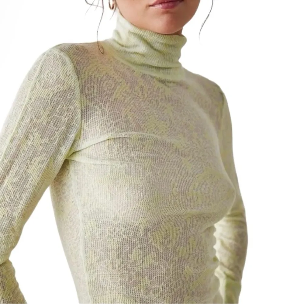 Free People Lime Yellow You And I Long Sleeve Semi-Sheer Turtleneck Burnout Top - Image 3