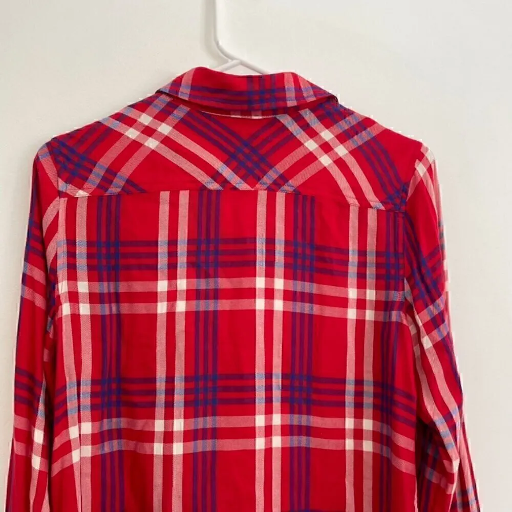 TALBOTS Red White Blue Plaid Long Sleeve 100% Rayon Button Down Shirt / Tunic S - Image 13