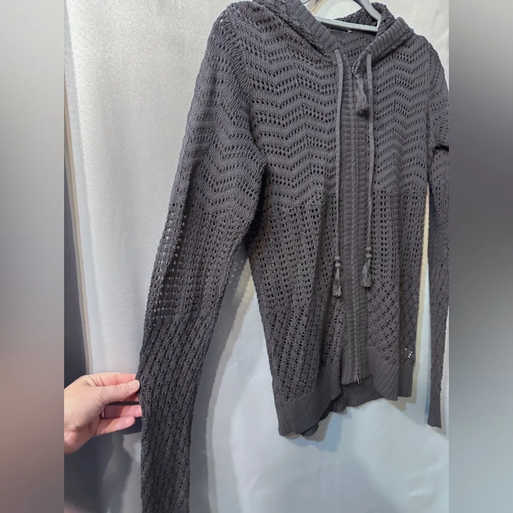 Athleta Open Crochet Full Zip Up Hoodie Knit Cardigan Women’s Size M, Gray - Image 8