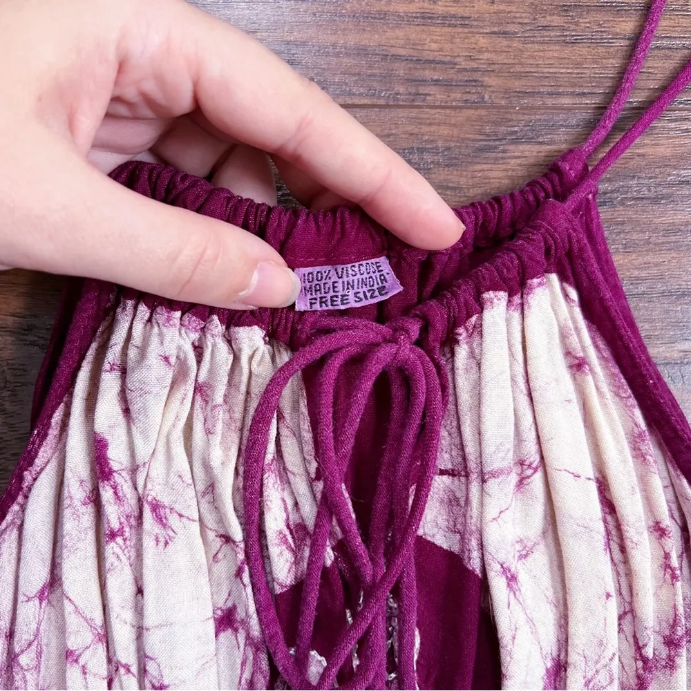 vintage • 70s batik dyed sundress smocked maroon white embroidered rayon boho - Image 6