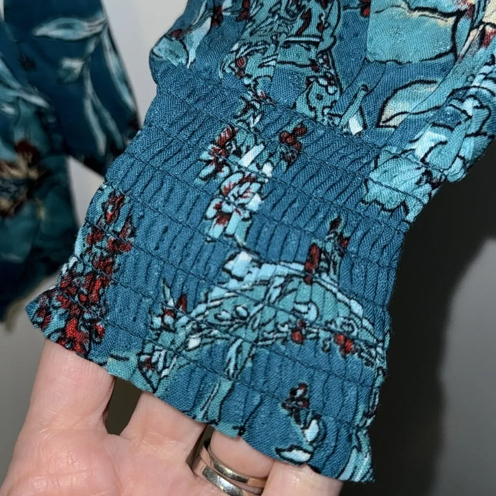 Band of the Free SYBILLE TEAL Blue FLORAL CROSSOVER CROP TOP Blouse Women’s XS - Image 9