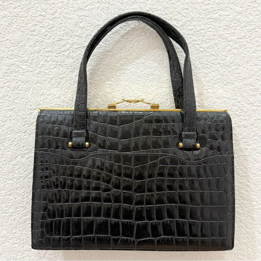 Unique Vintage DOFAN France Black Alligator Croc Embossed Leather Clutch Handbag - Image 5