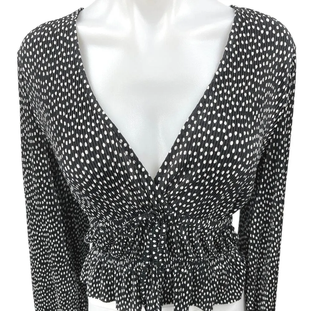 Zara Women's Black Polka Dot Pleated V-neck Long Sleeve Peplum Crop Blouse Top M - Image 3