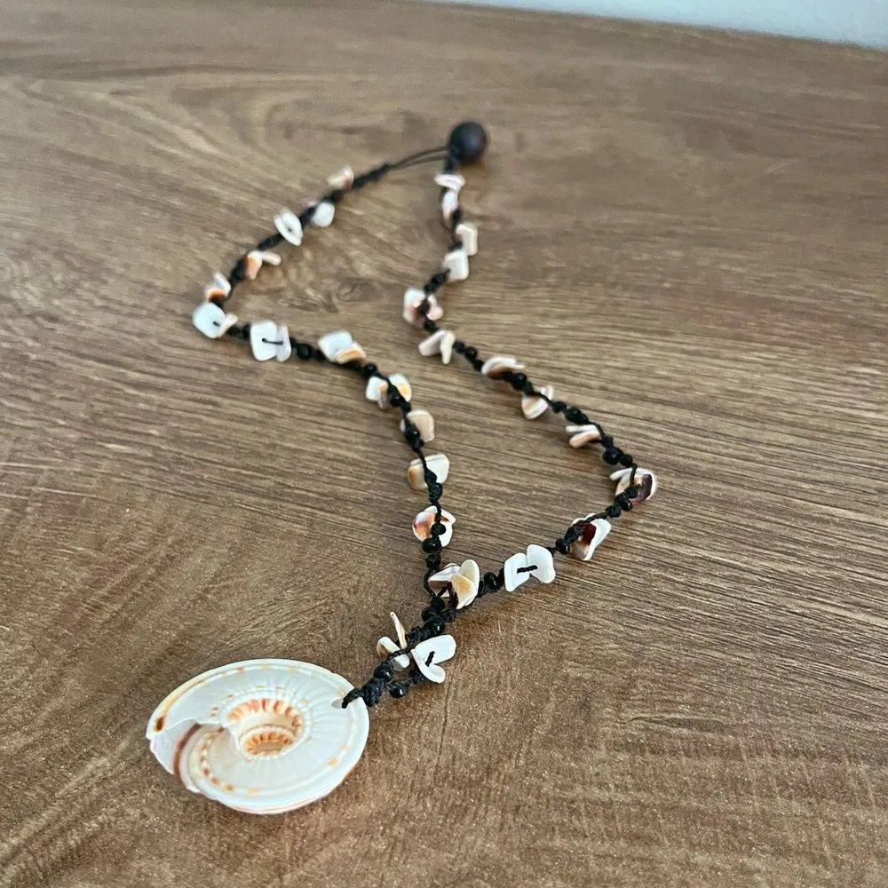 Boho Shell Pendant Necklace Beaded Woven Cord Beach Coastal Festival Jewelry Tan - Image 5