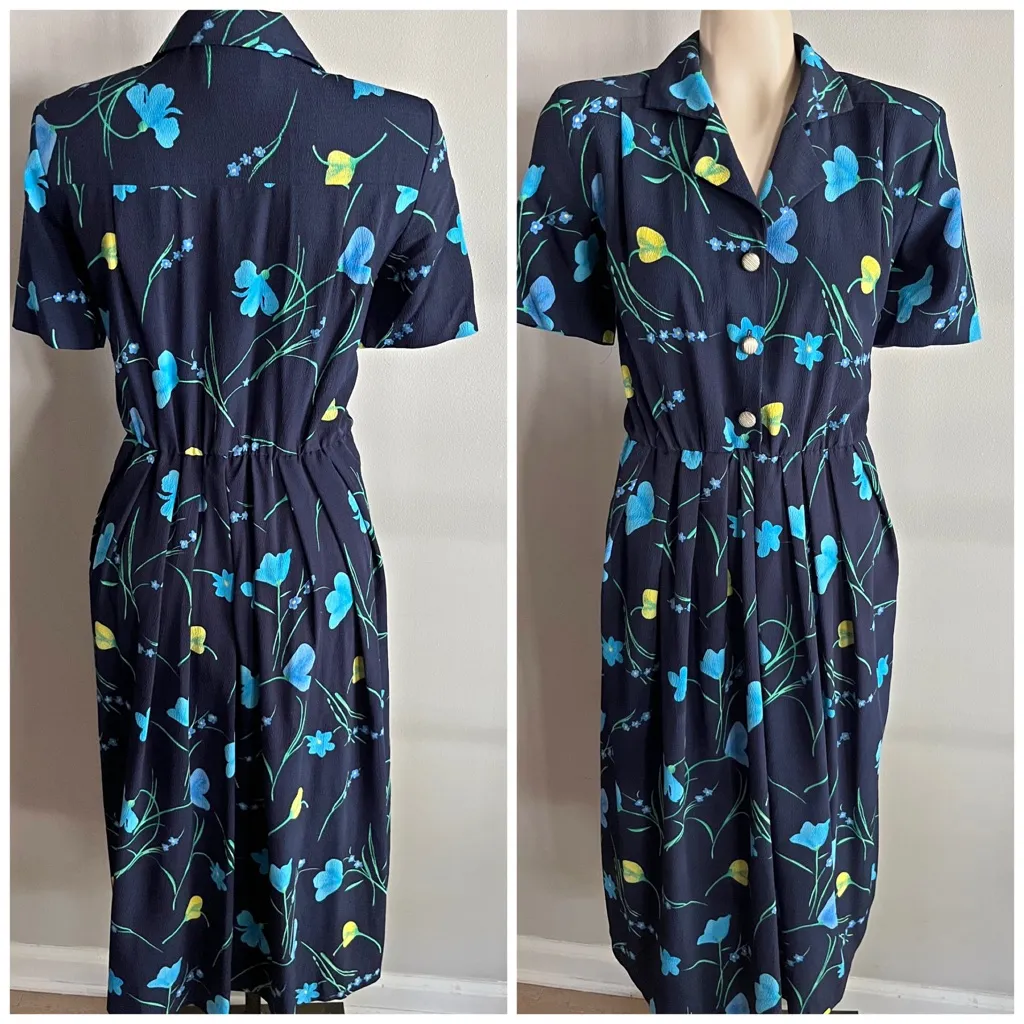 Vintage Leslie Belle Floral Dress Sz 8 Navy Button Front Midi Pockets 80s 90s Blue - Image 2
