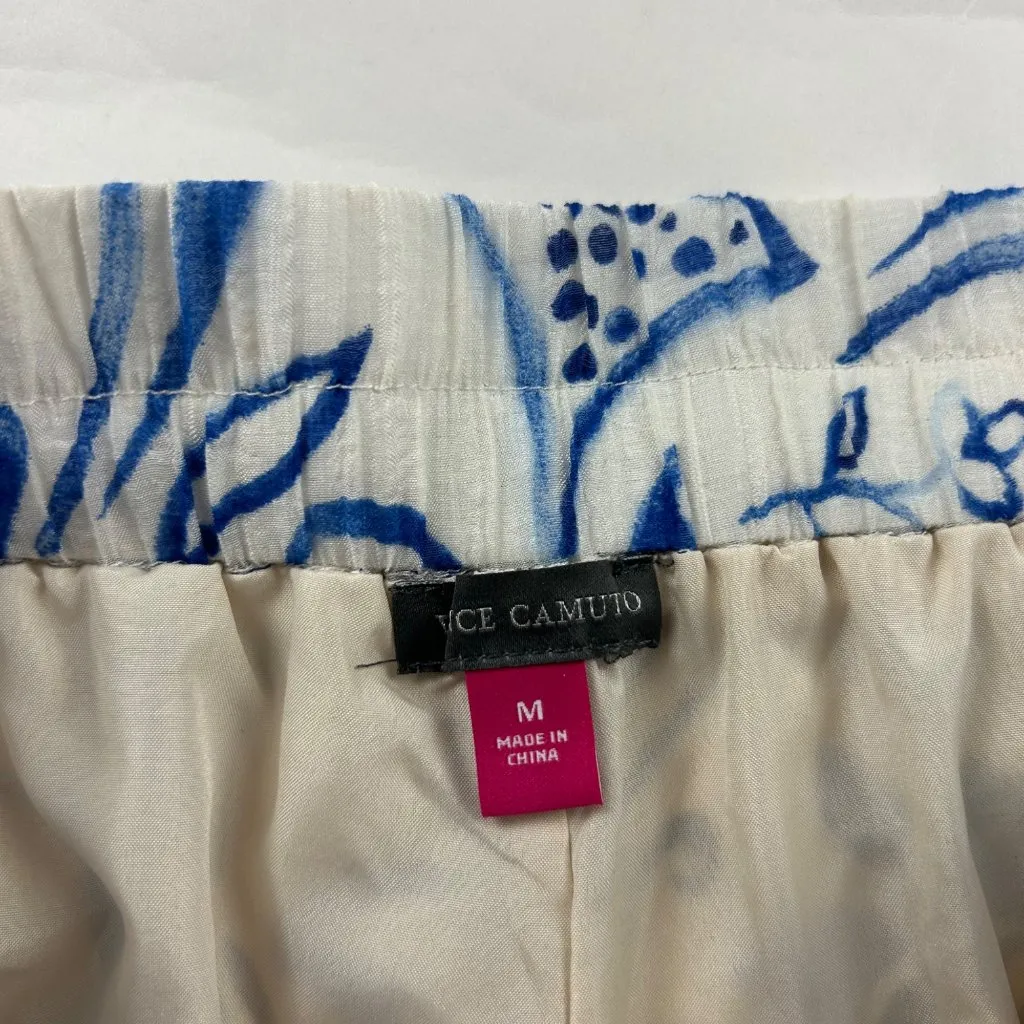 Vince Camuto Blue Cream Floral Stencil Print Crinkle Gauze Wide Leg Pant M - Image 4