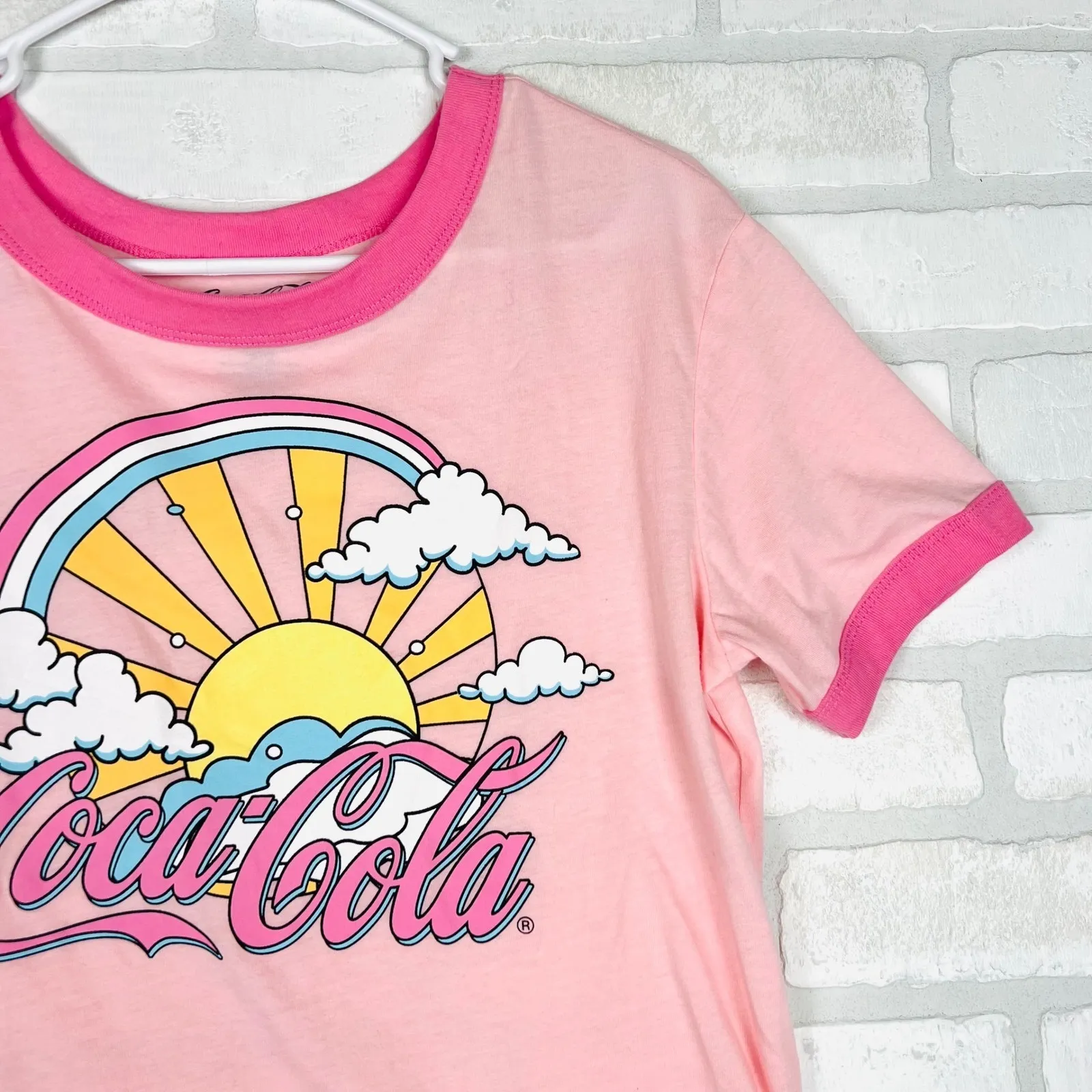 Coca-Cola‎ T-Shirt Pink Rainbow Graphic Ringer Tee Top Womens Size Medium - Image 10