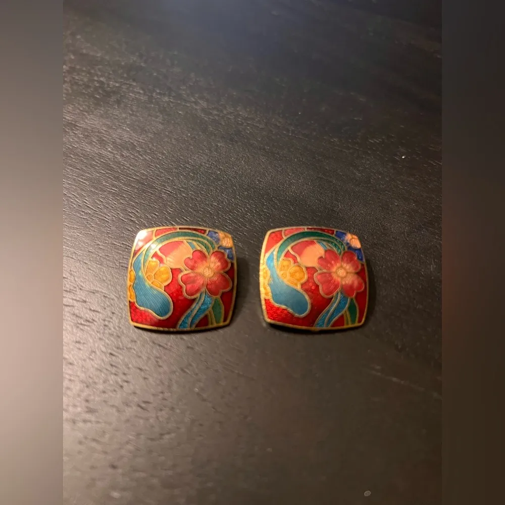 Vintage Cloisonné Artistic Earrings Red pink green square clip on floral vintage - Image 8