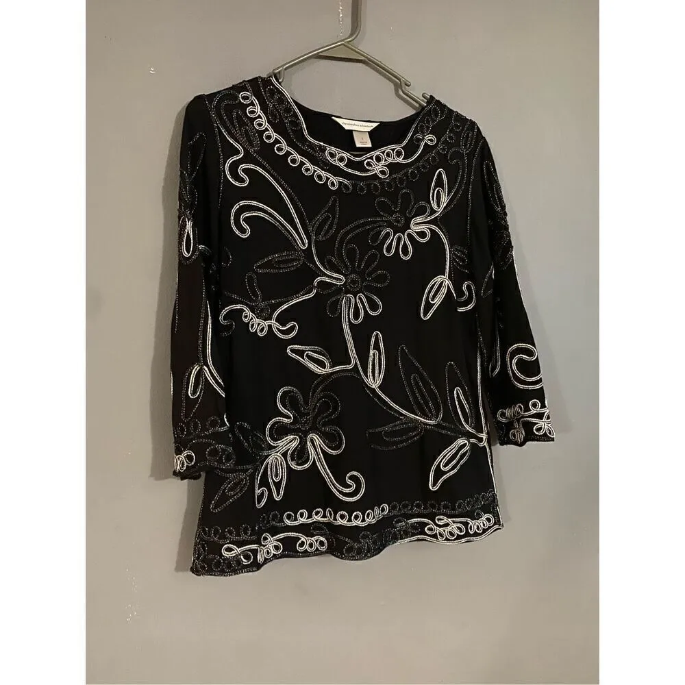 Christopher&Banks Black Sparkle Embroidered Scalloped Hem 3/4 Sleeve Top S - Image 2
