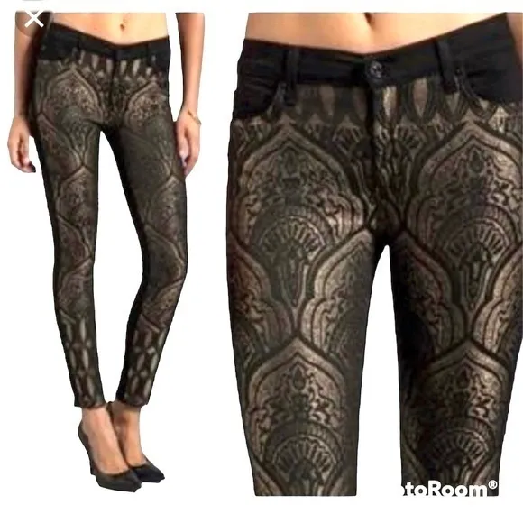 7 for All Mankind Jeans Nouveau Black Gold Metallic Brocade Skinny 26 Party Chic - Image 2