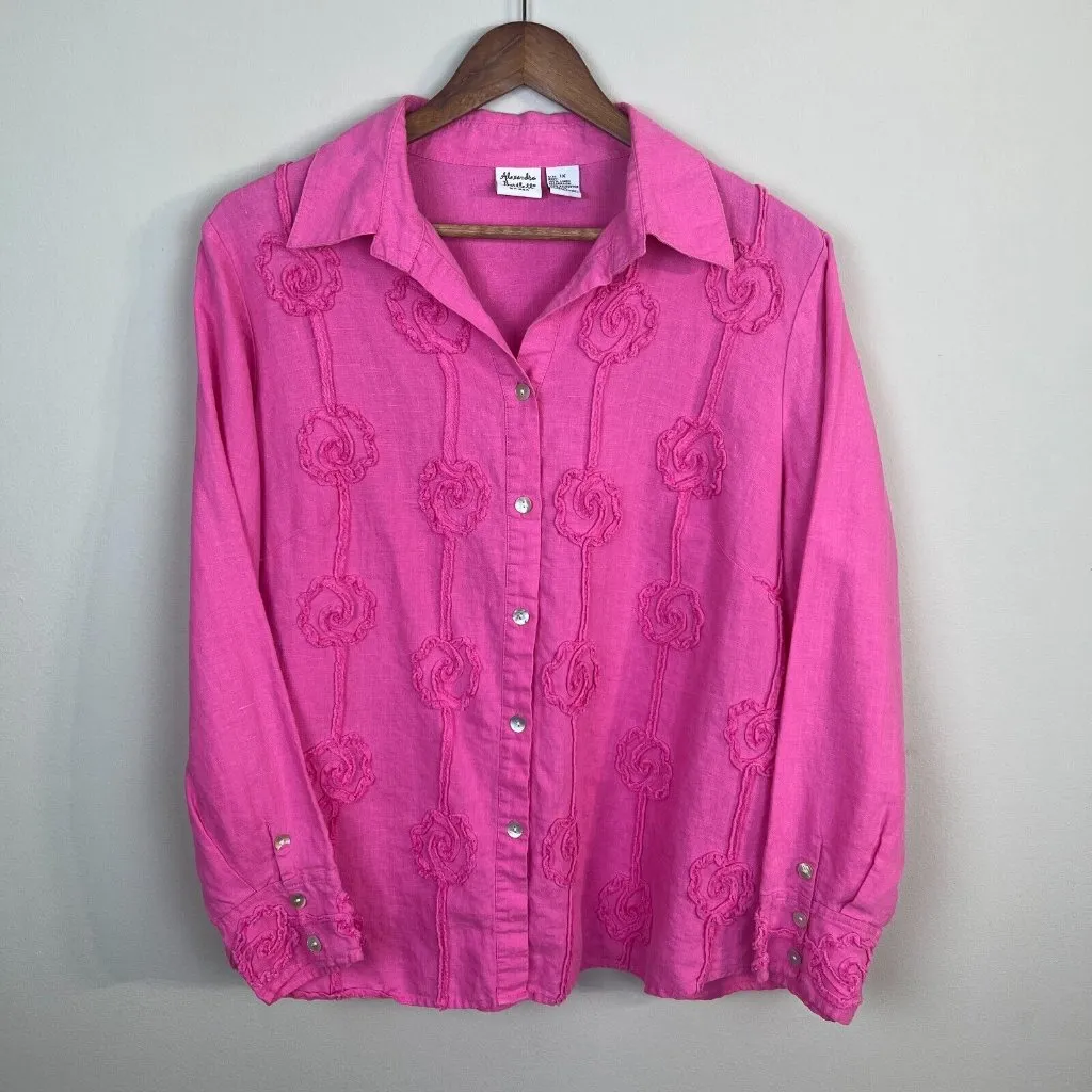 Alexandra Bartlett Button Up Shirt 1X Pink 100% Linen Flower Art To Wear Womens - Image 10