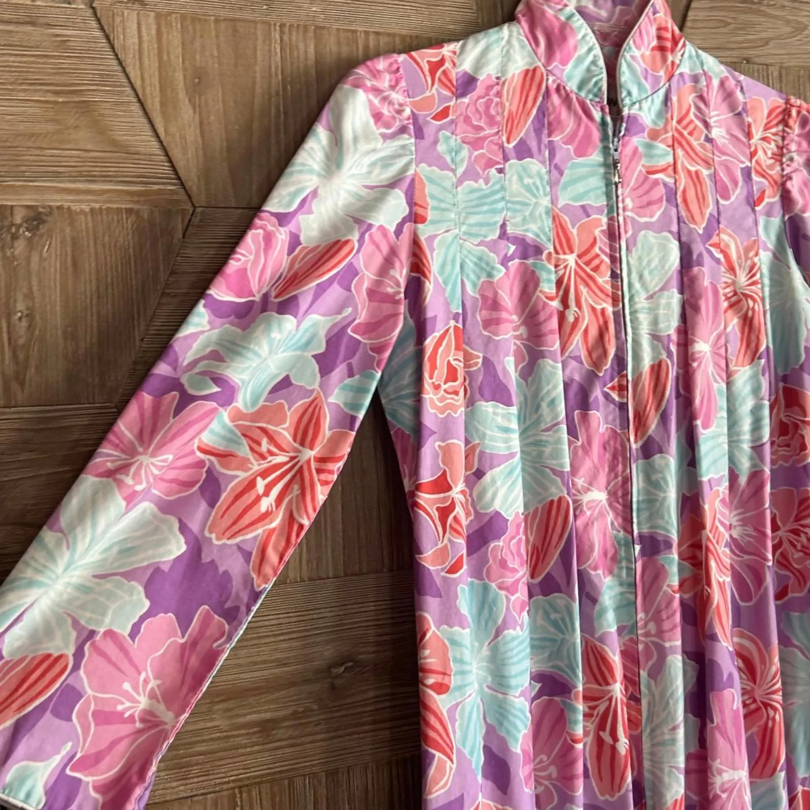 Vintage David Brown California Floral Kaftan Dress Housecoat Size SP 80s Retro - Image 3