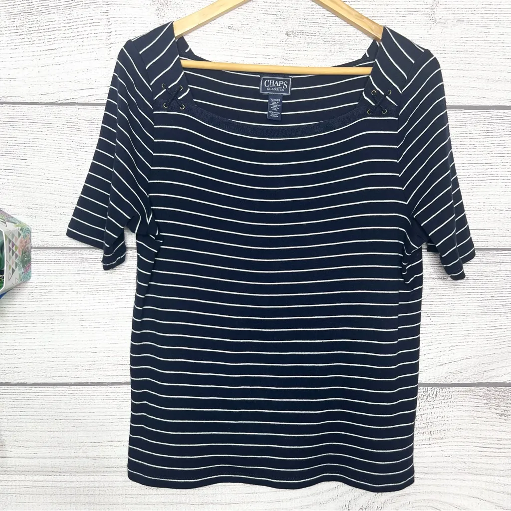 Chaps Navy Blue & White Nautical Striped Short Sleeve Casual Top Size XL - Image 2