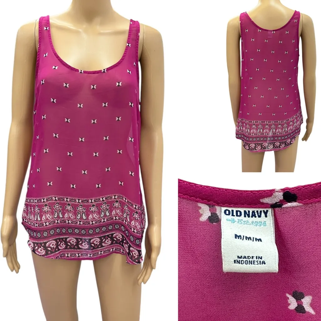 Old Navy Fuchsia Black White Semi Sheer Lightweight Sleeveless Tank Blouse Top M - Image 2