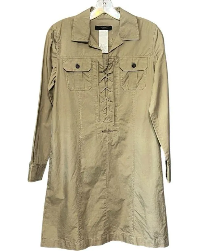 Weekend MaxMara Lace-Up Long Sleeve Dress Sz 6 Khaki Cotton Linen Safari Midi - Image 2