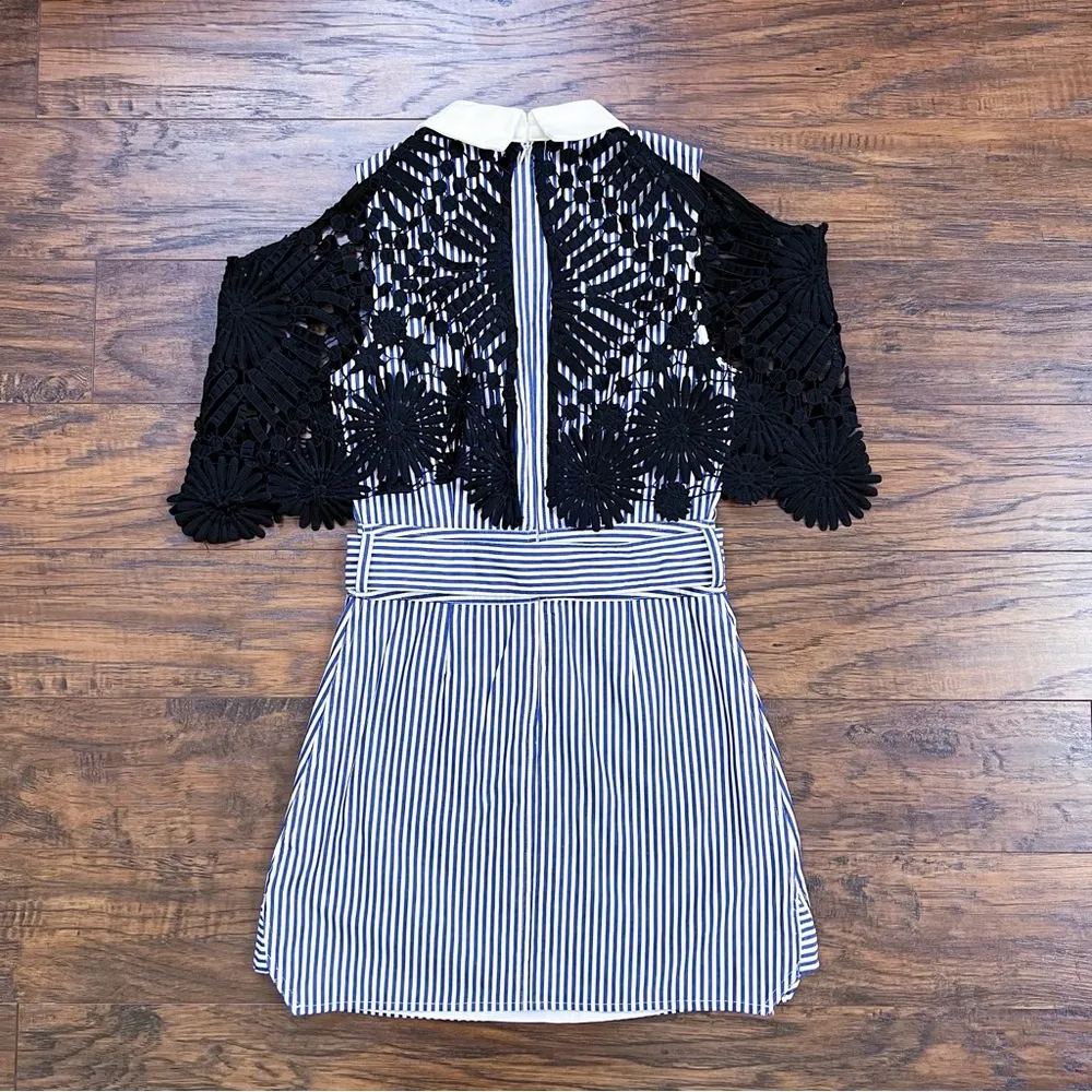 FEW MODA • Shirting Lace Cape Mini Dress blue white striped black open shoulder - Image 13
