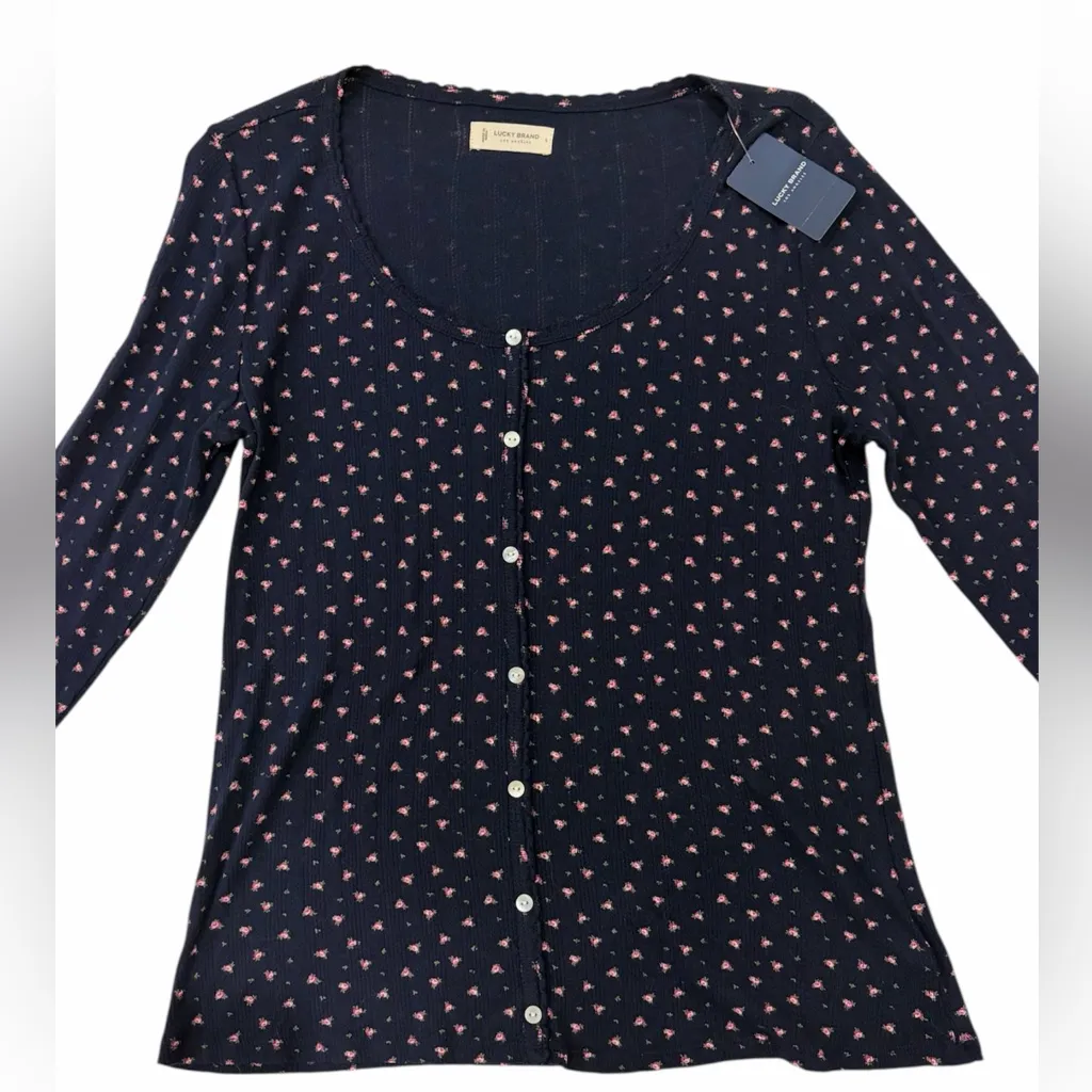 NWT Lucky Brand Dainty Rose Print Faux Button-Down Navy Shirt Large Twee Preppy - Image 2