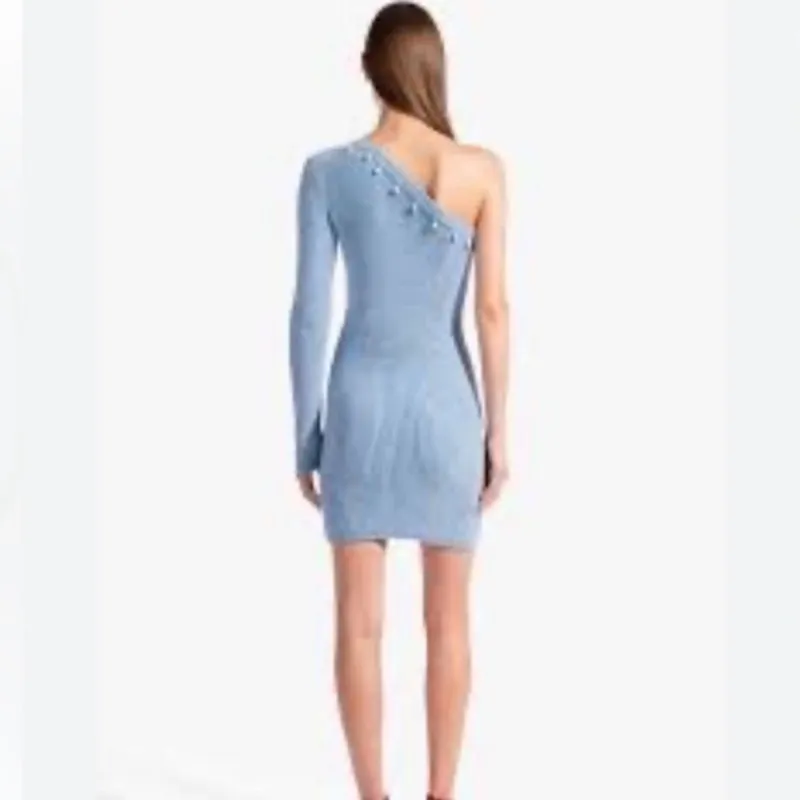 Staud Lindsey Dress Blue Ice off shoulder dress pearl beaded collar large NWTs - Image 3