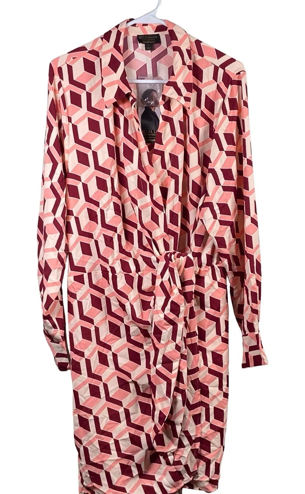 Bold Elements Wrap Dress Women's Size 1X Long Sleeve Pink Maroon Geometric Print - Image 1