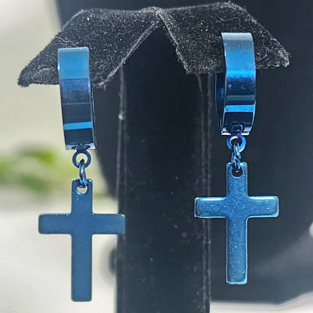 Blue Stainless Steel Cross Huggie Hoop Earrings - Image 3