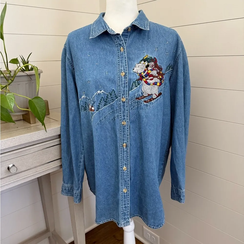 Bobby Brooks Denim Shirt Holiday Bear Penguin Long Sleeve Cotton Size 12 Blue - Image 4