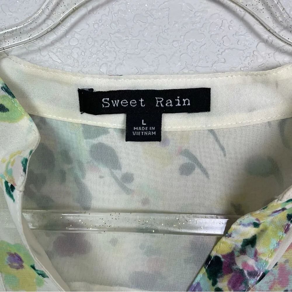 SWEET RAIN Floral Chiffon Half Button Down Blouse Size L - Image 3