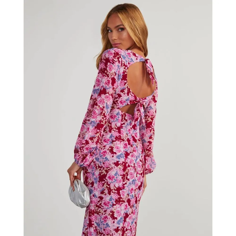 Lush Pink Red Multicolor Floral Twist Cutout Long Sleeve Midi Maxi Dress Size XL - Image 6