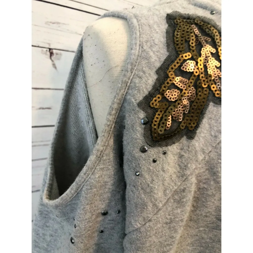 Shyanne Medium Country Pullover Sweatshirt Shirt cold‎ shoulder Sequins Gray - Image 7
