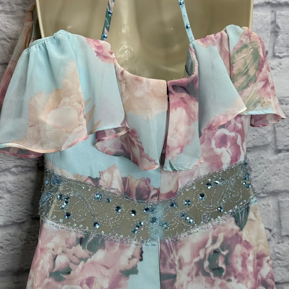 Morilee Prom Dress 99024 Gardner Size 6 Blue Floral Beaded Off Shoulder Ruffle - Image 9