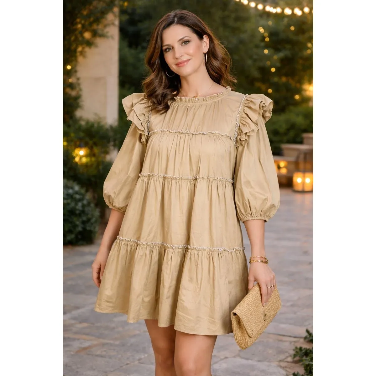 In The Beginning Baby Doll Tiered Mini Dress in Khaki Womens S Cottagecore - Image 2