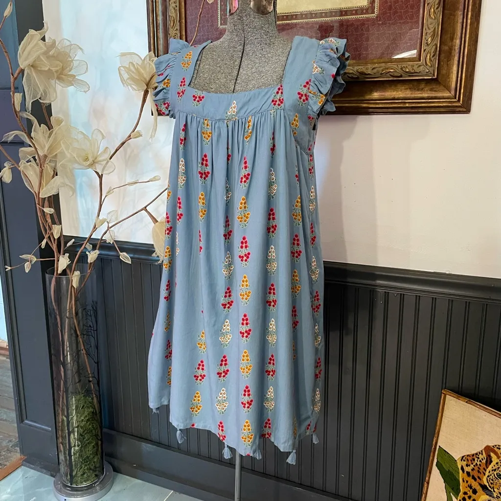 Sunshine Tienda x Tuckernuck Laura Blue Floral Tassel Mini Dress ~ Size XS/S🧡🎀 - Image 6