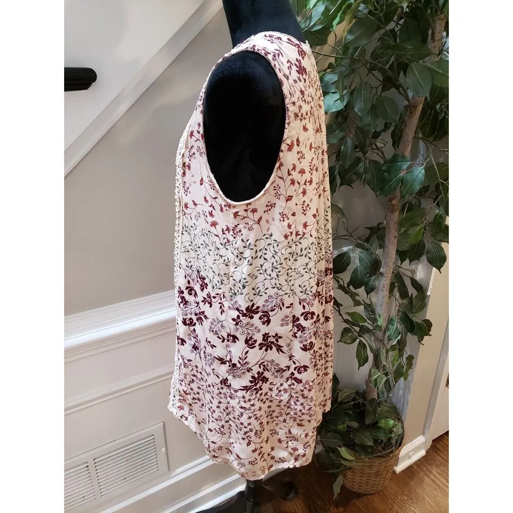 Womens Beige Floral Pleated Lace Trim V Neck Sleeveless Knee Length Dress Medium - Image 6