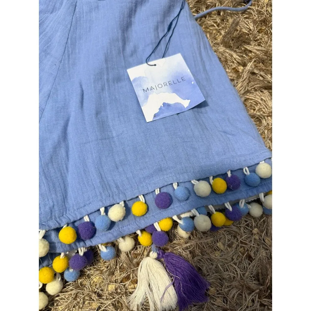 Revolve Majorelle Fiji Blue Cutout Shorts Romper with Pom Pom Trim NWT - Image 7