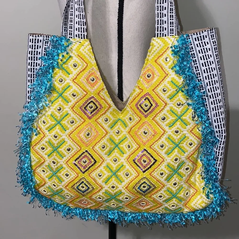 Boutique boho carpet bag textured textile woven beaded fringe tote bag Blue - Image 3
