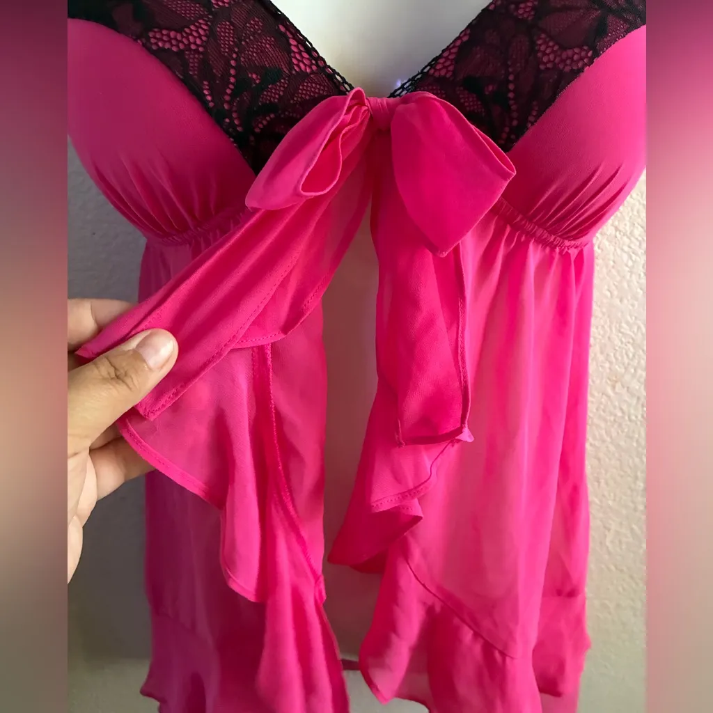 Apt. 9 Hot Pink Black Lace Sheer Chemise Babydoll S - Image 9