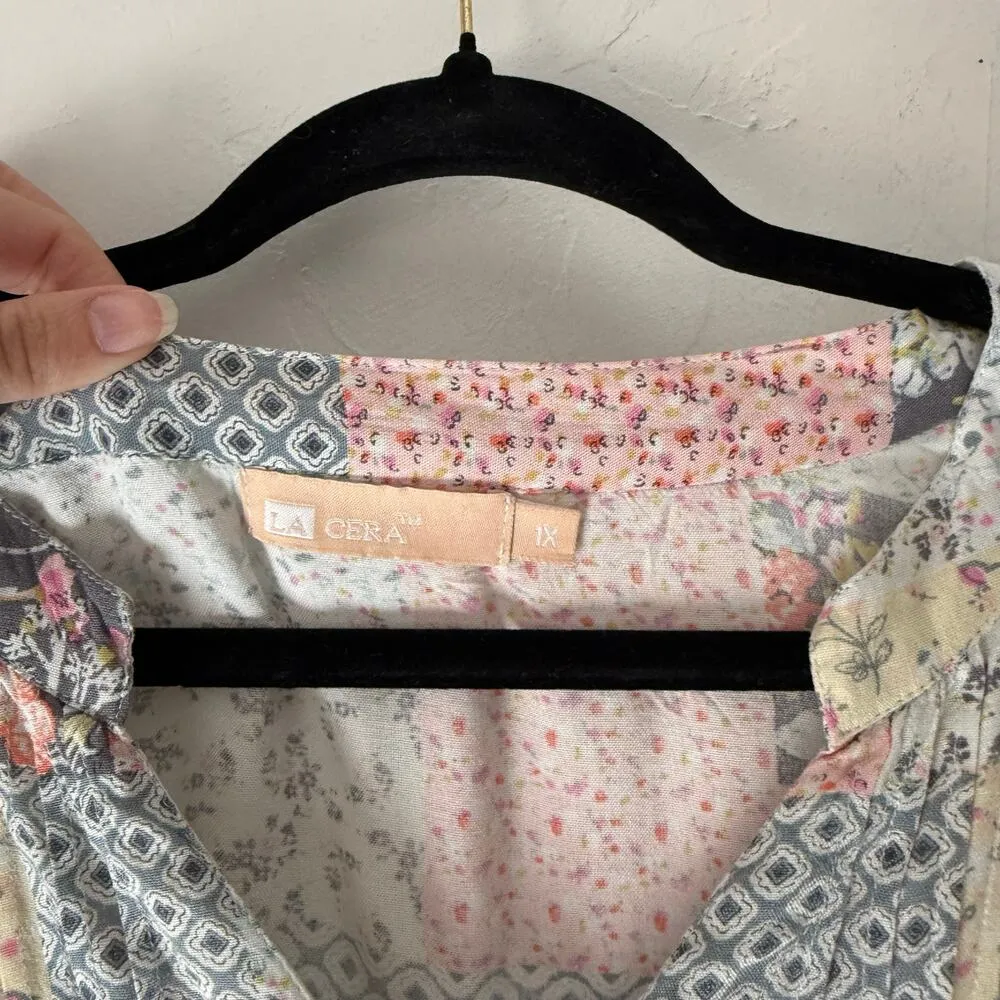 LA CERA Plus 1X Floral Cottage Pastel Patchwork Rayon 3/4 Sleeve Lightweight Top - Image 4