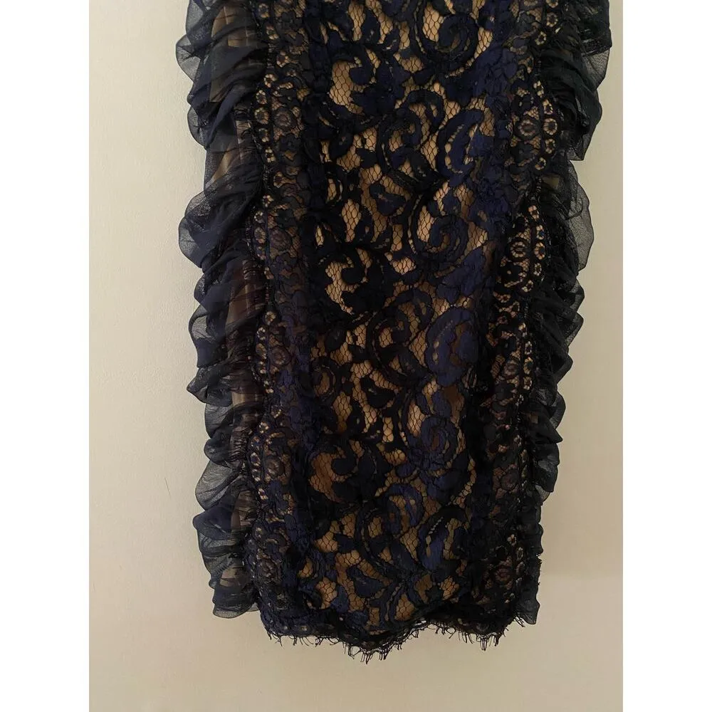 Tadashi Shoji 6 Navy Blue Lace Overlay Ruched Short Knee Length Dress EUC Formal - Image 6