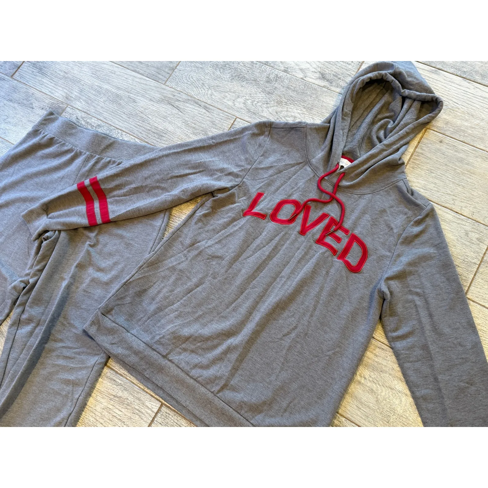 Pajamagram Pajama Set 2 pc Top Bottom Hoodie Sweatshirt LOVED Small Womens PJ Gray - Image 11