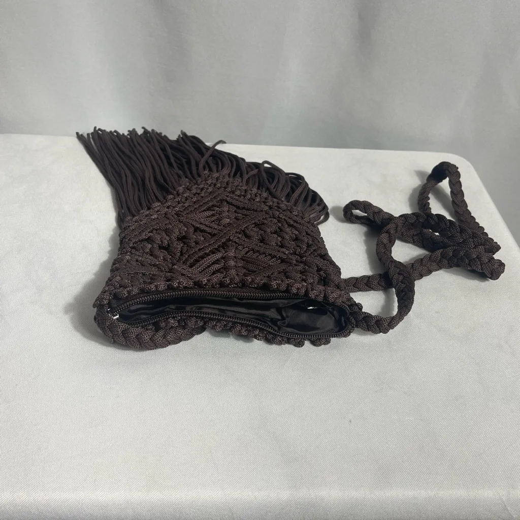 Vintage Boho Macramé Fringe Crossbody Bag Brown Handmade Festival Purse - Image 2