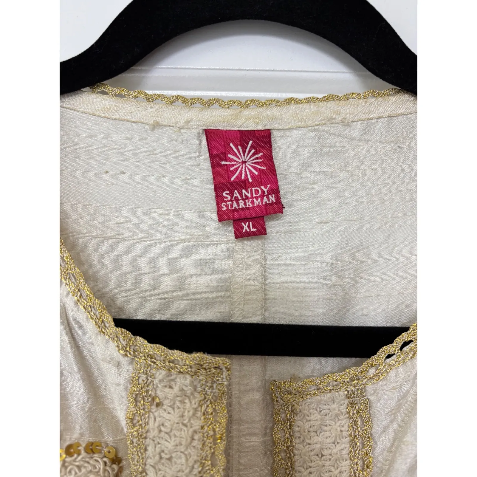 Sandy Starkman Vintage Ivory Silk Embroidered Sequin Open Front Duster Jacket XL Gold - Image 6