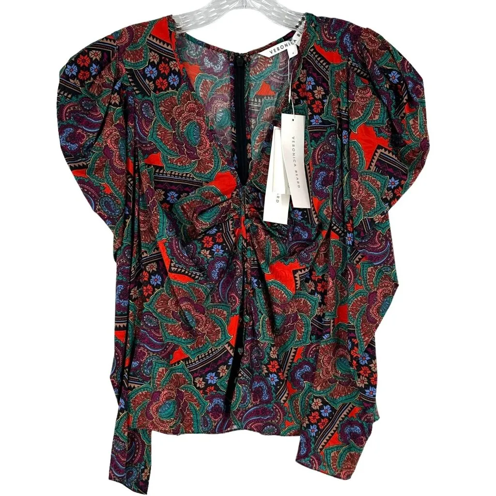 NWT Veronica Beard Simmons Paisley Floral Silk Blend Top Flame Red Multi Size 8 - Image 5