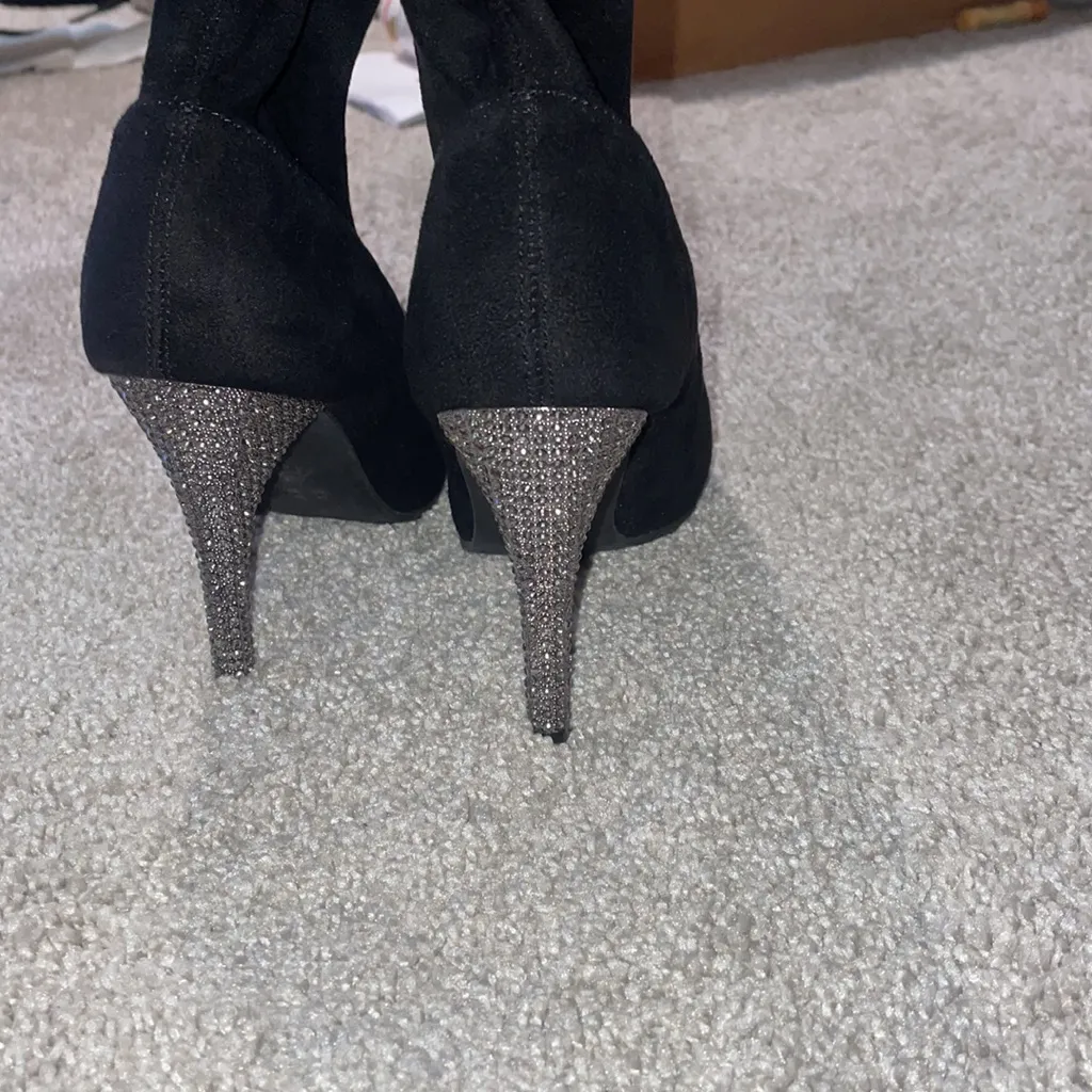 Nina black heeled boots with sparkle stiletto black and silver sock boots Y2k - Image 2