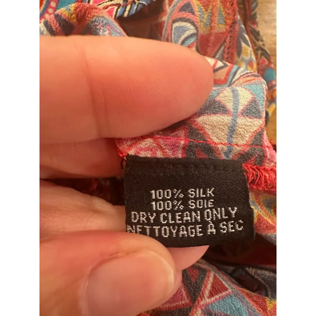 Women's Tolani Long Sleeve Dress M Red Blue Geometric Silk - Image 8