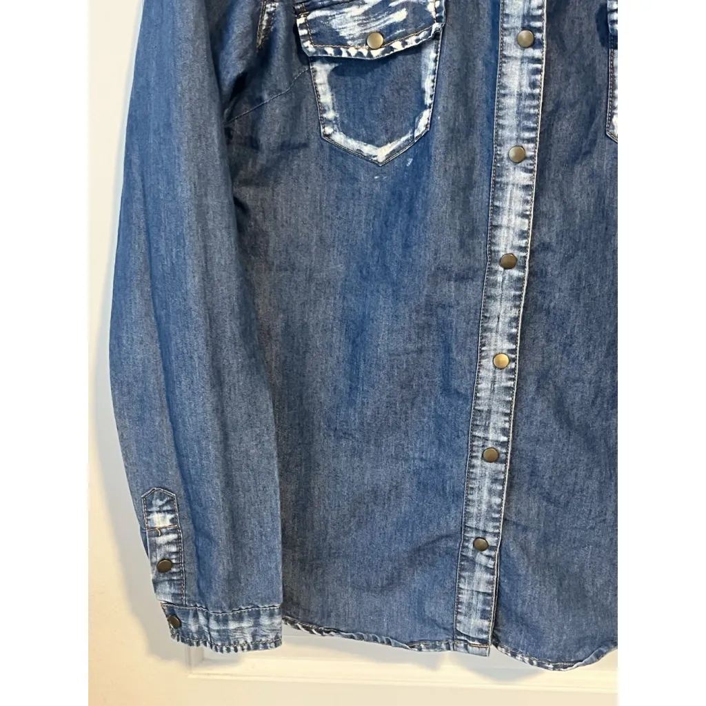Dream Out Loud Button Down Jean Shirt Womens L Blue Rhinestone Snaps Pockets - Image 4