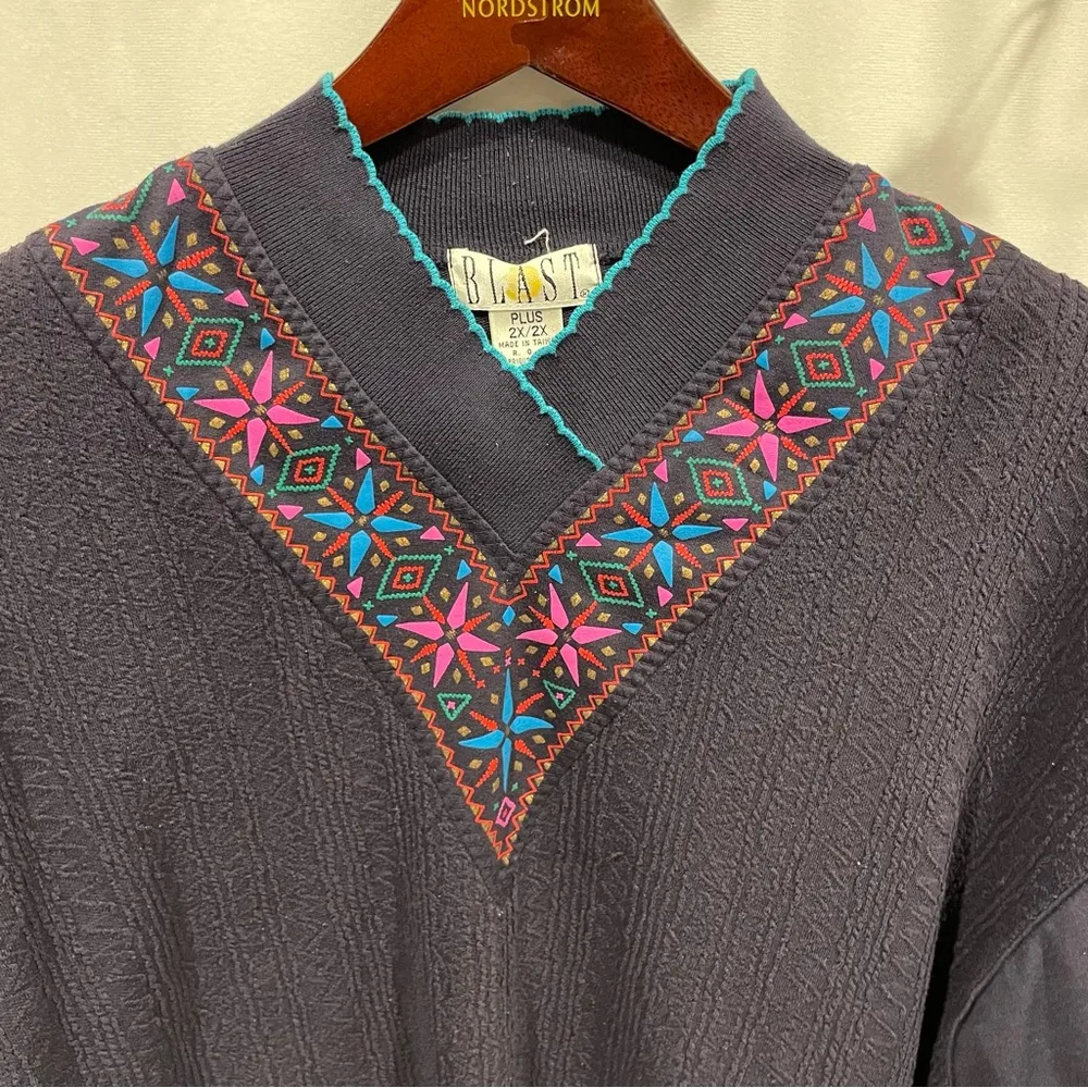 Funky 80’s oversized textured double v scallop neck sweatshirt top geometric Blue Size 2X - Image 4
