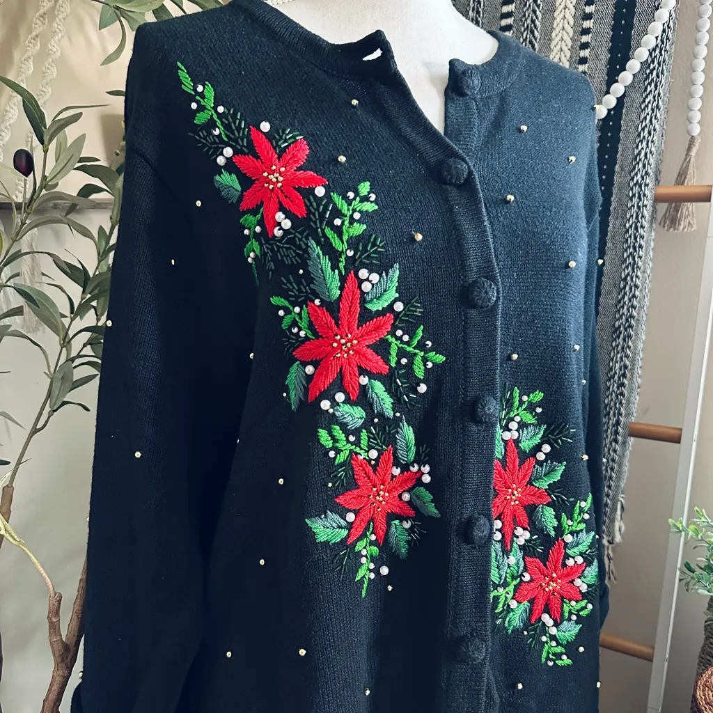 Vintage DonnKenny Black Pearl Studded Embroidered Poinsettia Christmas Cardigan Size L - Image 7