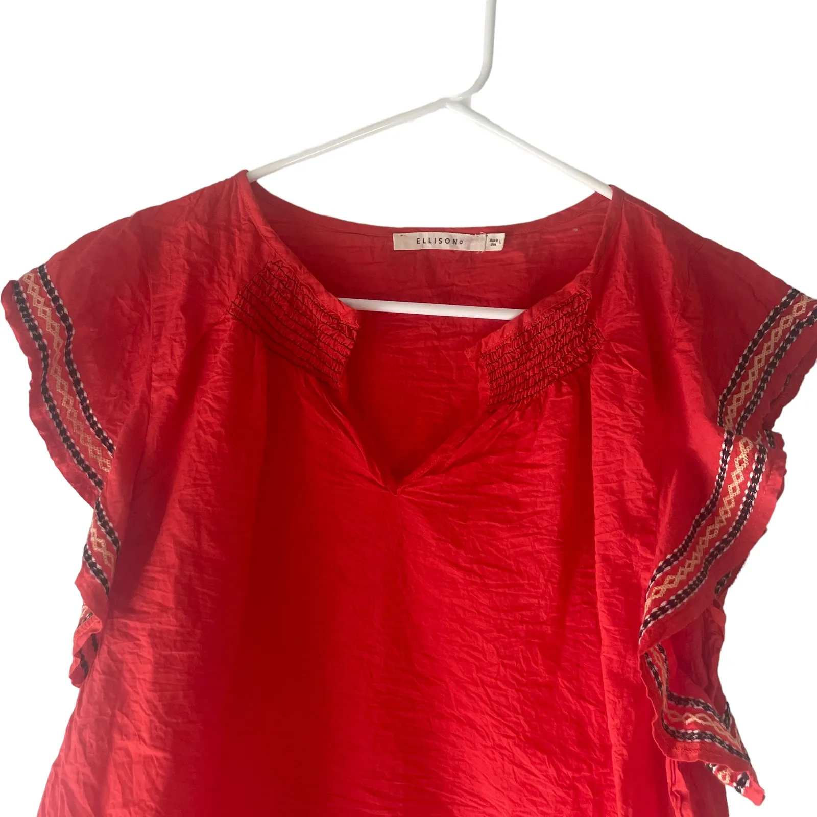 Ellison  Women's Size Large Red Embroidered Ruffled Sleeves‎ Blouse - Image 4