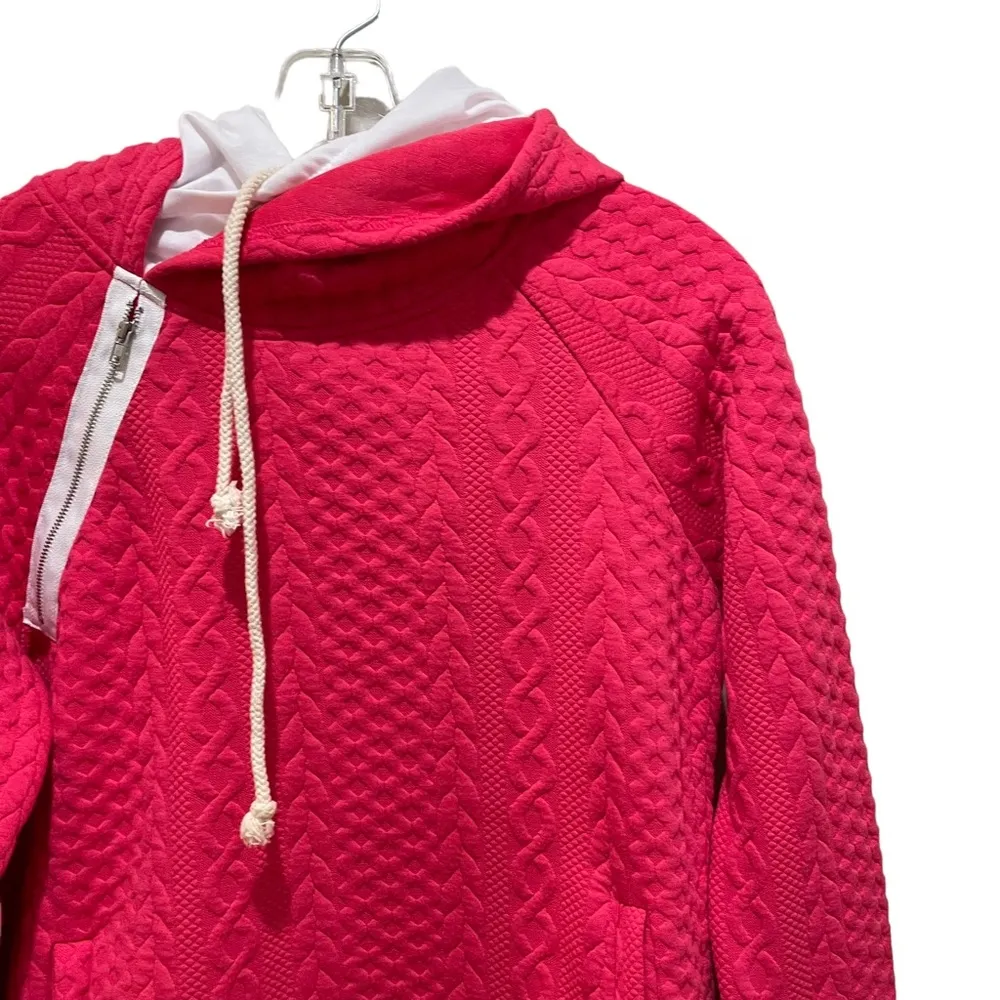 andthewhy Textured Knit Double Layered Hoodie Sweatshirt Pink White Size Small - Image 4